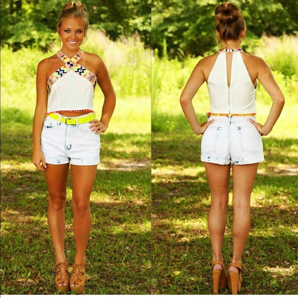 Hope's Tops - Sold 🚫 Hope’s NWT neon accent festival crop top Hope's Tops - Sold 🚫 Hope’s NWT neon accent festival crop top